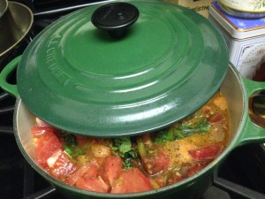 A great big pot of summer's best harvest! Heirloom tomato sauce.